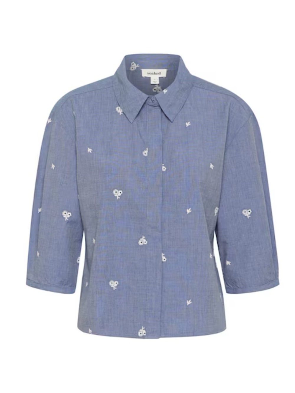 Soaked in Luxury The Elly Blouse in Marine Blue White Floral Embroidery M EUC